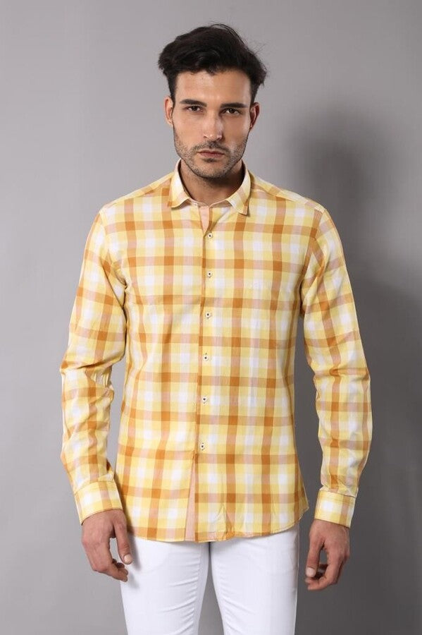 WSS Slim Fit Plaid Patterned Yellow Shirt  - Cheyenne