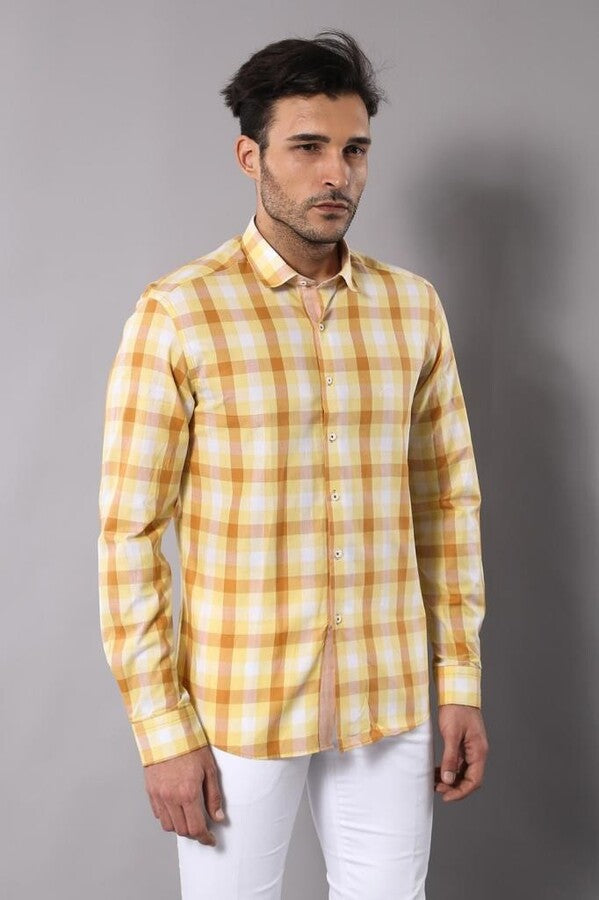 WSS Slim Fit Plaid Patterned Yellow Shirt  - Cheyenne