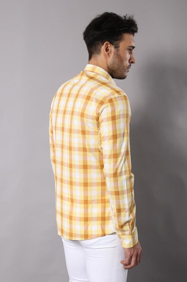 WSS Slim Fit Plaid Patterned Yellow Shirt  - Cheyenne