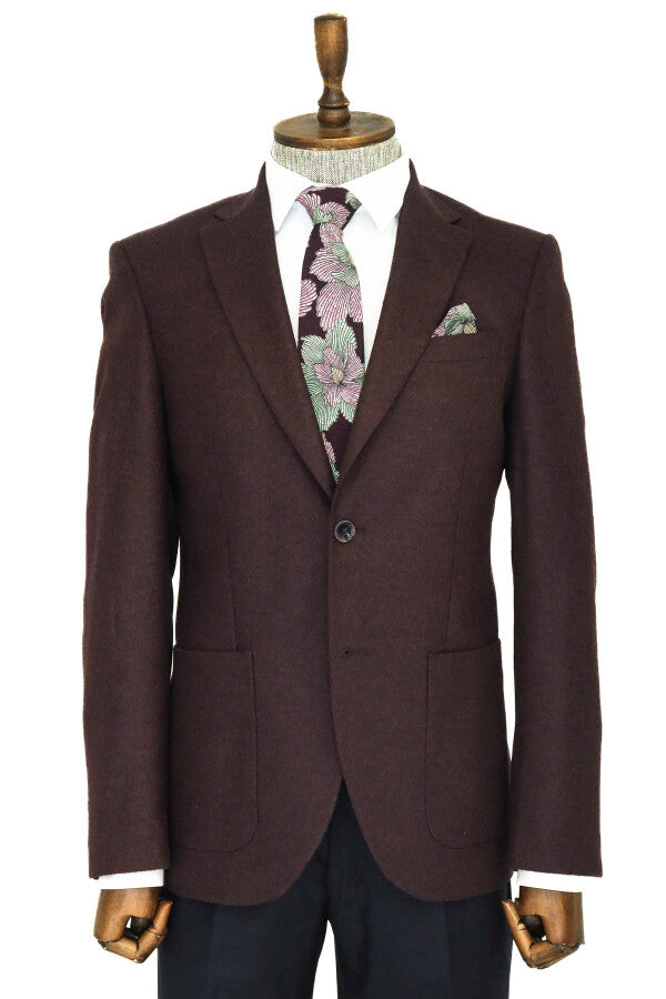 WSS Slim Fit Plain Wide Lapel Burgundy Men Wool Blazer  - West Jordan