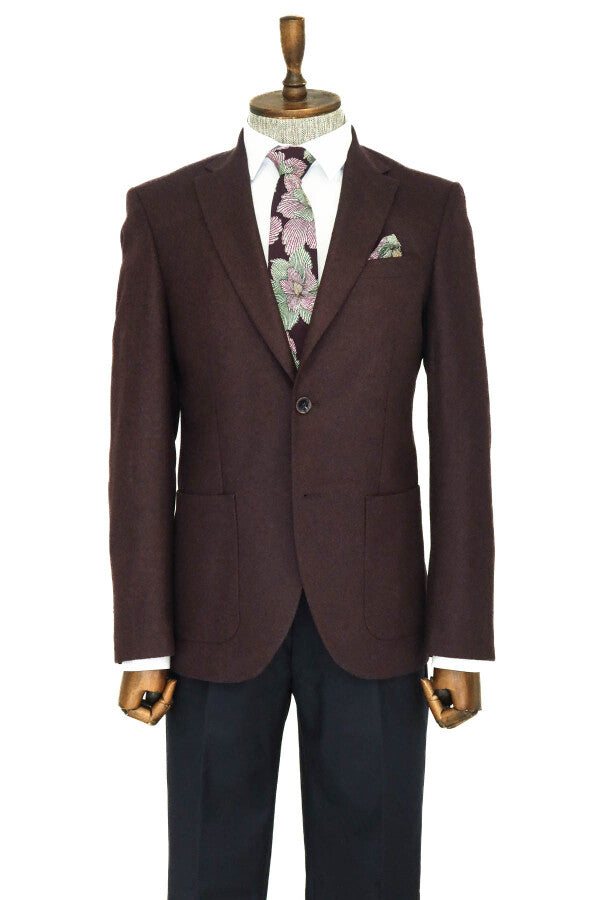 WSS Slim Fit Plain Wide Lapel Burgundy Men Wool Blazer  - West Jordan