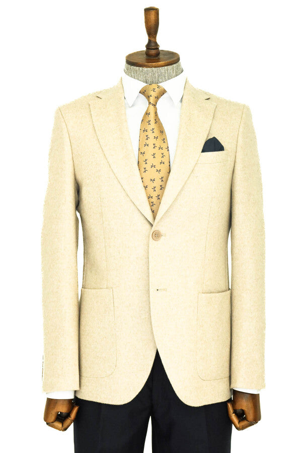 WSS Slim Fit Plain Wide Lapel Cream Men Wool Blazer  - Tours