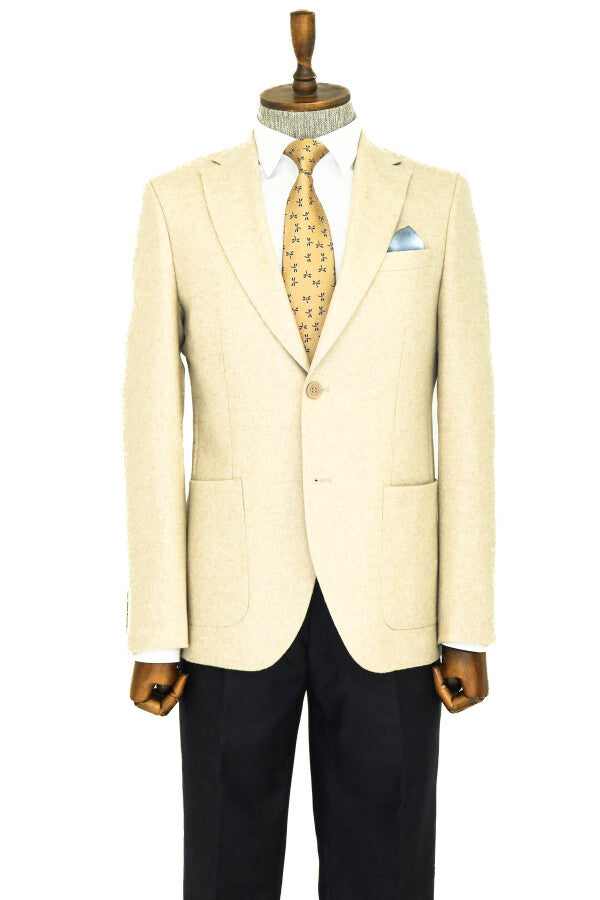 WSS Slim Fit Plain Wide Lapel Cream Men Wool Blazer  - Tours