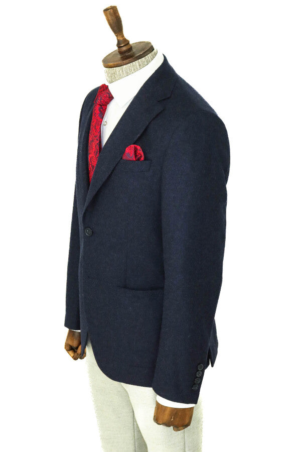 WSS Slim Fit Plain Wide Lapel Navy Blue Men Wool Blazer  - Warendorf