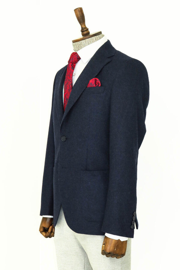 WSS Slim Fit Plain Wide Lapel Navy Blue Men Wool Blazer  - Warendorf