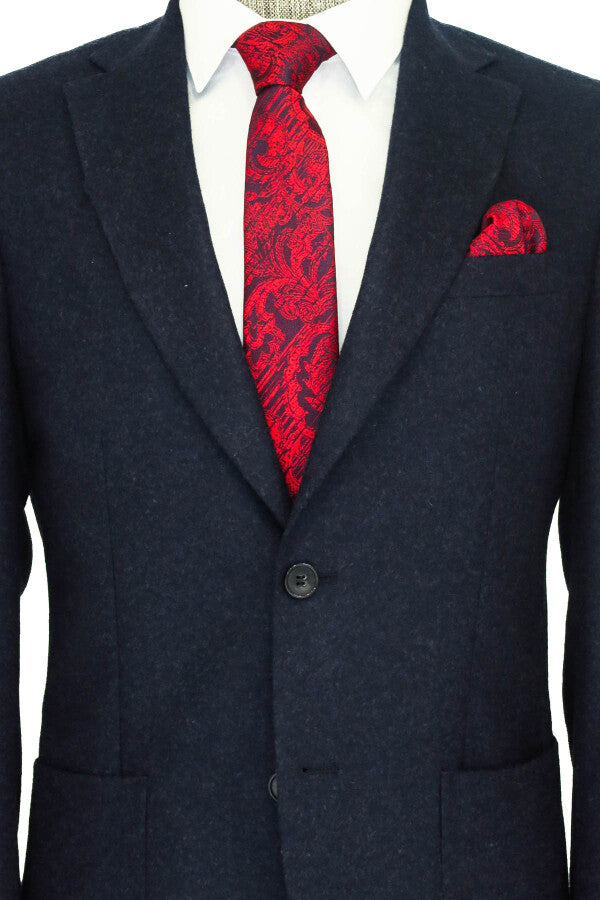 WSS Slim Fit Plain Wide Lapel Navy Blue Men Wool Blazer  - Warendorf