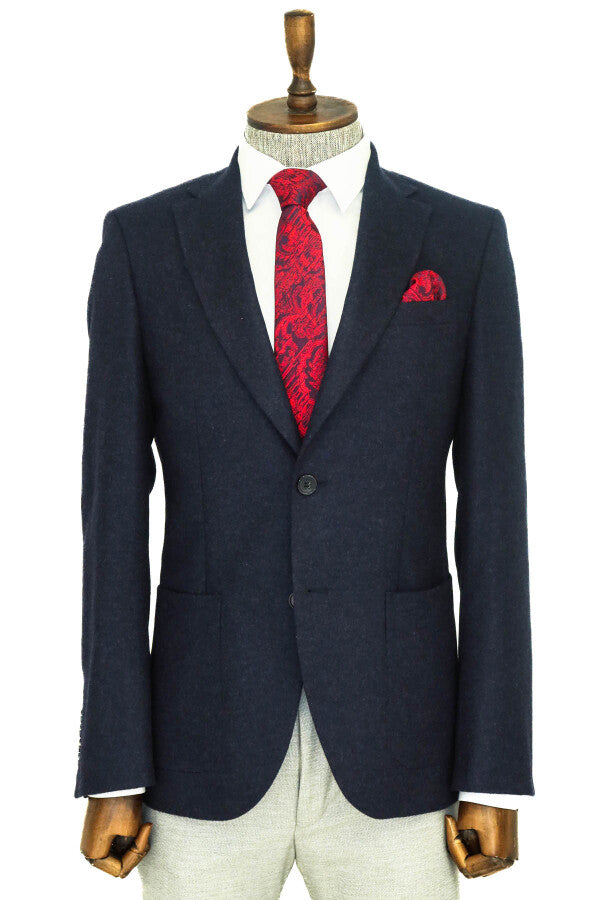 WSS Slim Fit Plain Wide Lapel Navy Blue Men Wool Blazer  - Warendorf
