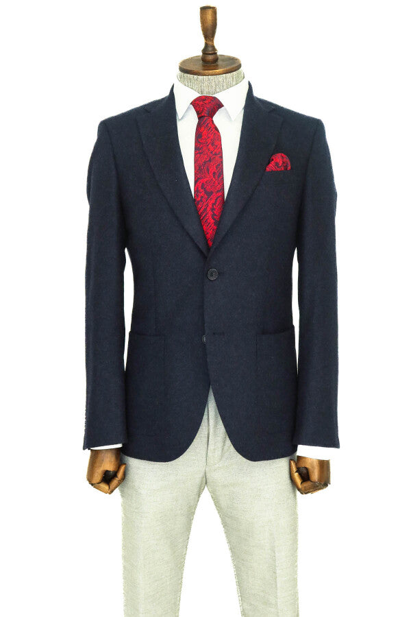 WSS Slim Fit Plain Wide Lapel Navy Blue Men Wool Blazer  - Warendorf