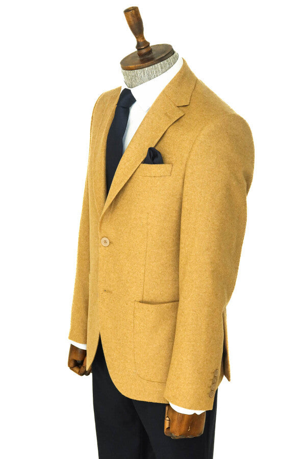 WSS Slim Fit Plain Wide Lapel Tan Men Wool Blazer  - Véroia