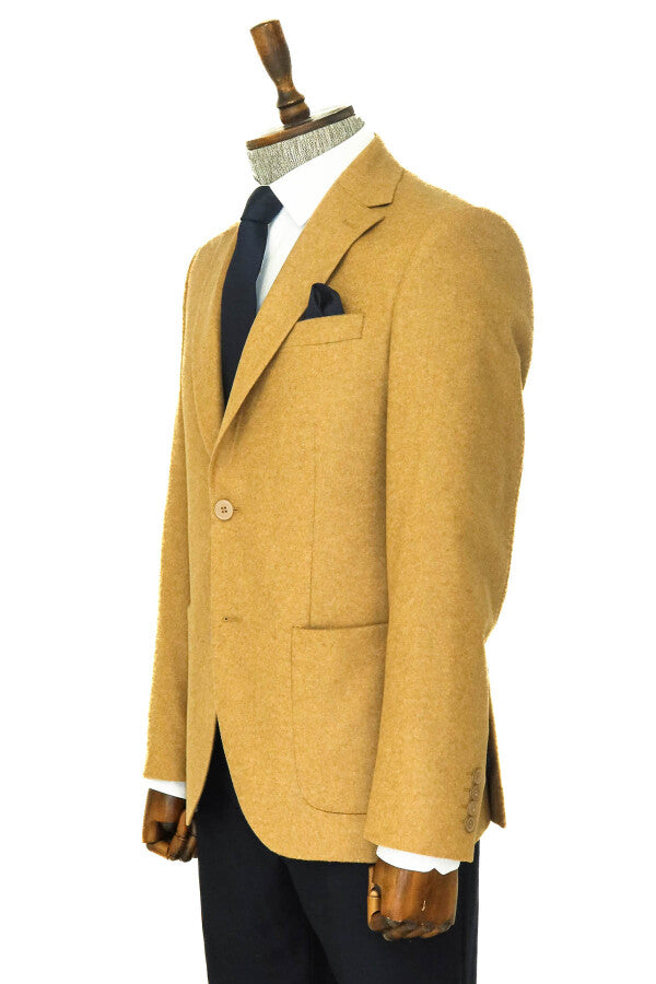 WSS Slim Fit Plain Wide Lapel Tan Men Wool Blazer  - Véroia