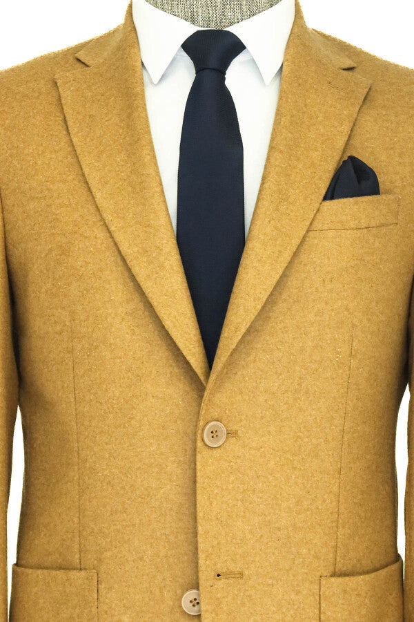 WSS Slim Fit Plain Wide Lapel Tan Men Wool Blazer  - Véroia