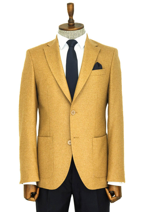 WSS Slim Fit Plain Wide Lapel Tan Men Wool Blazer  - Véroia