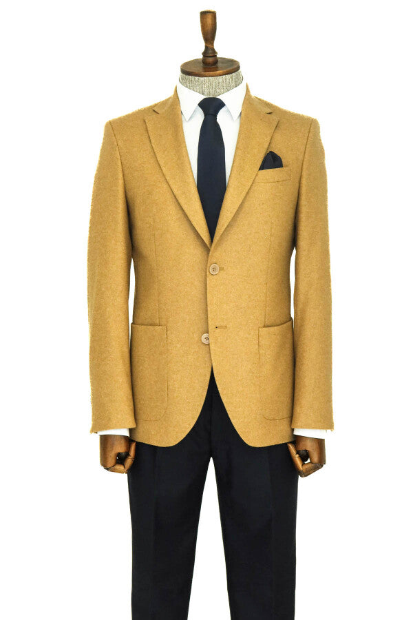 WSS Slim Fit Plain Wide Lapel Tan Men Wool Blazer  - Véroia
