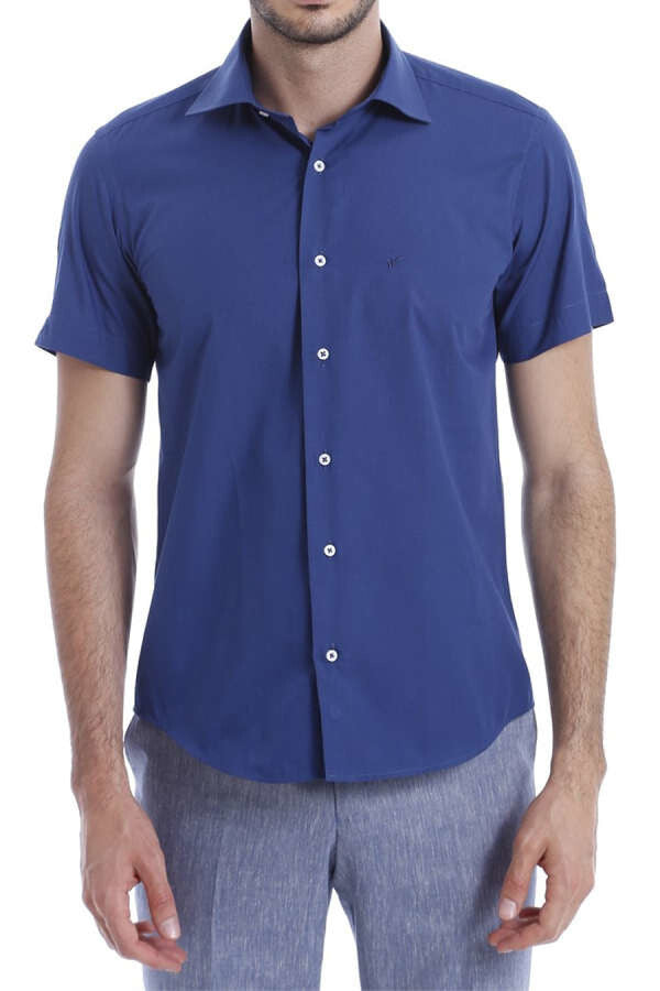 WSS Slim Fit Short Sleeve Poly Cotton Navy Blue Men Shirt  - Battle Creek