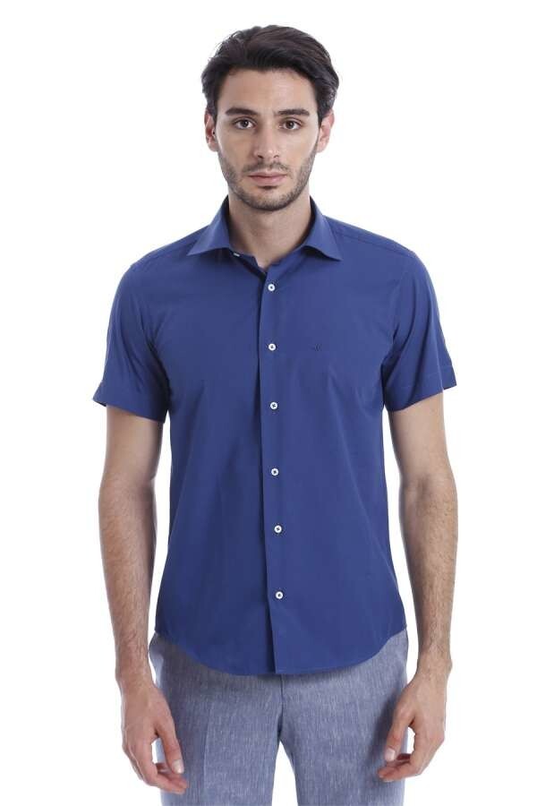 WSS Slim Fit Short Sleeve Poly Cotton Navy Blue Men Shirt  - Battle Creek