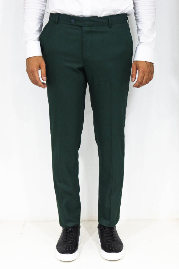 WSS Slim Fit Textured Dark Green Men Trousers  - Canton