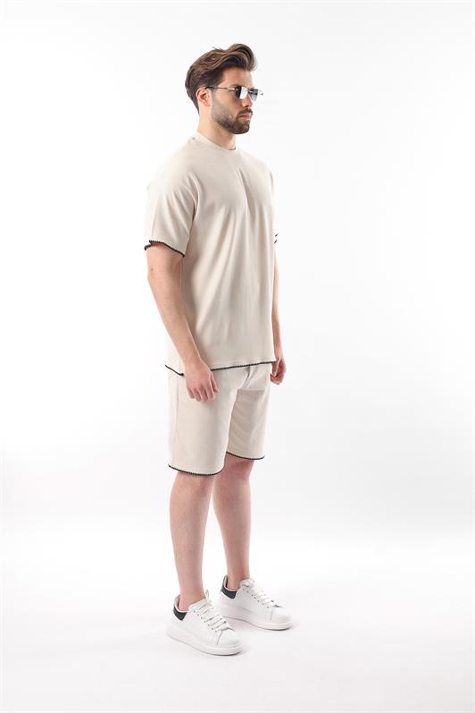 MDX Beige Embroidered Detail Men's Shorts T-shirt Set E7305 - Brest