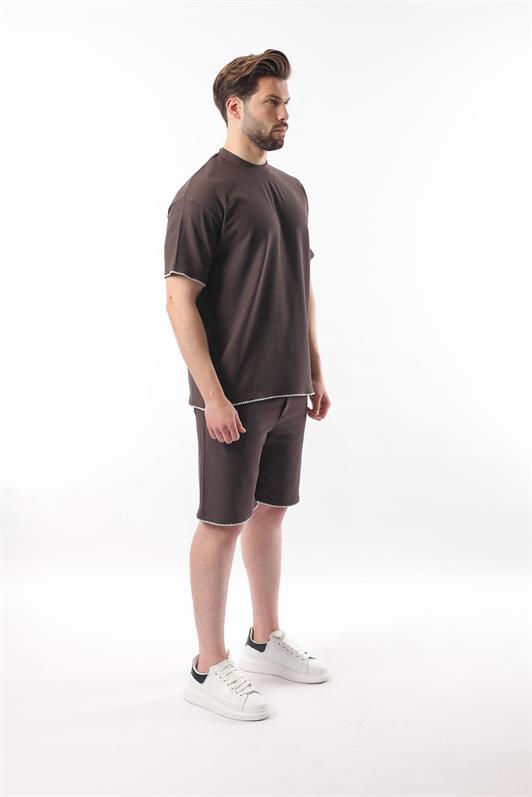 MDX Brown Embroidered Detail Men's Shorts T-shirt Set E7305 - Tepeapulco