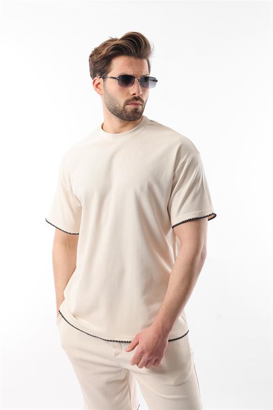 MDX Beige Embroidered Detail Men's Shorts T-shirt Set E7305 - Brest