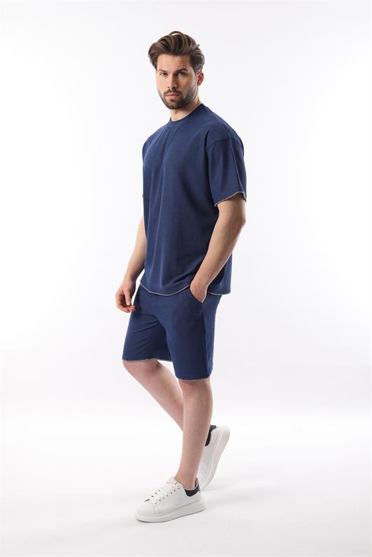 MDX Navy Blue Shorts T-shirt Set with Embroidery Detail E7305 - Singen