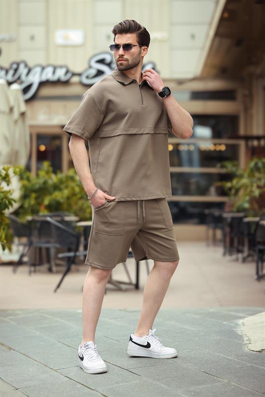 MDX Brown Zippered Polo Collar Men's Shorts Shirt Set E7314 - Marysville