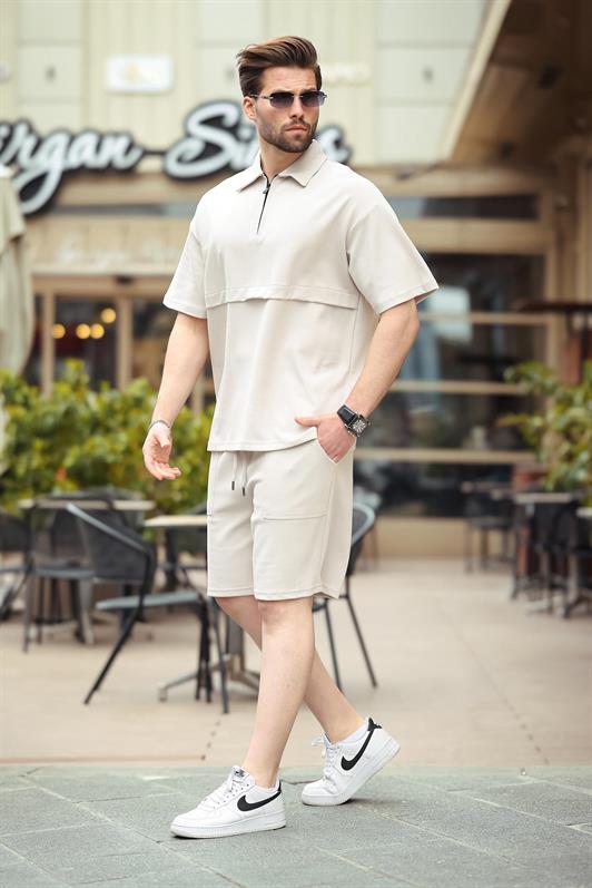 MDX Stone Color Zippered Polo Collar Men's Shorts Shirt Set E7314 - Crotone