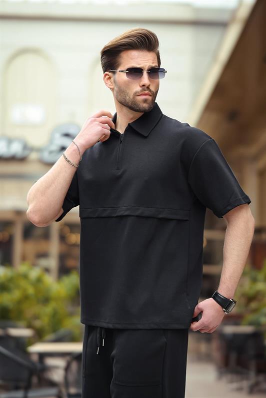 MDX Black Zippered Polo Collar Men's Shorts Shirt Set E7314 - La Rochelle