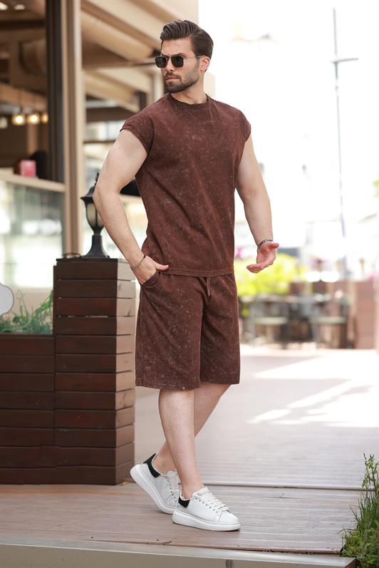 MDX Bitter Coffee Basic Men's Distressed Detail Shorts T-shirt Set E7319 - Layton