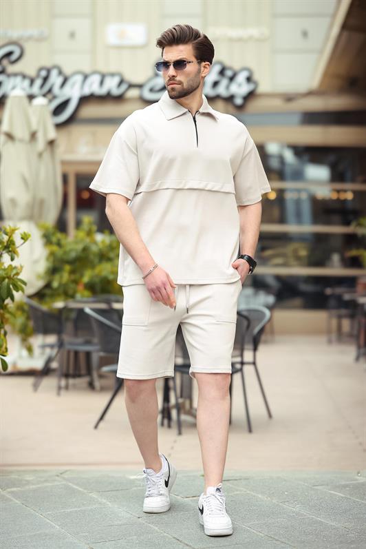MDX Stone Color Zippered Polo Collar Men's Shorts Shirt Set E7314 - Crotone