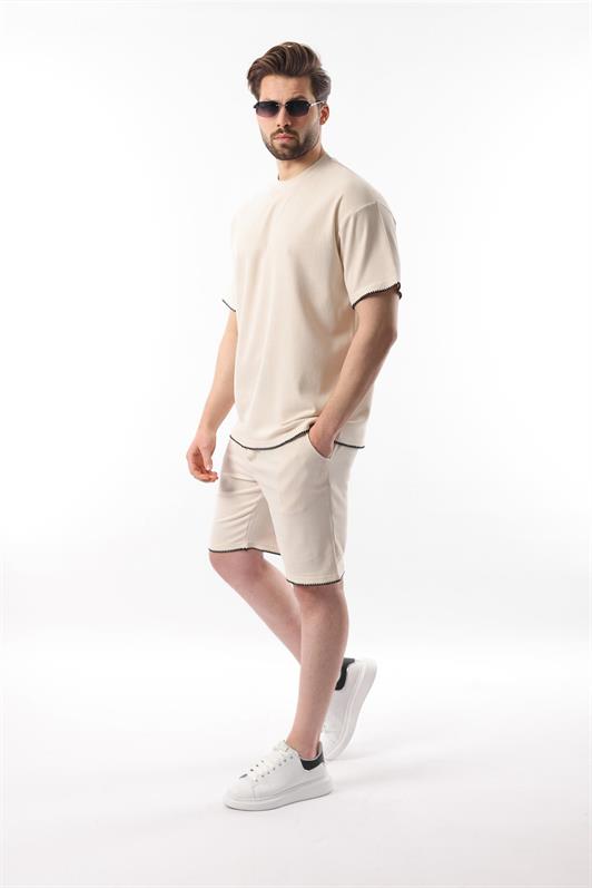 MDX Beige Embroidered Detail Men's Shorts T-shirt Set E7305 - Brest