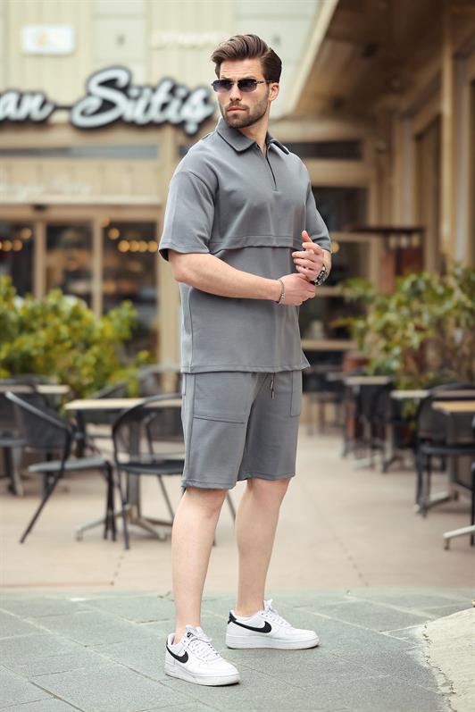 MDX Smoke Zippered Polo Neck Men's Shorts Shirt Set E7314 - Dragash