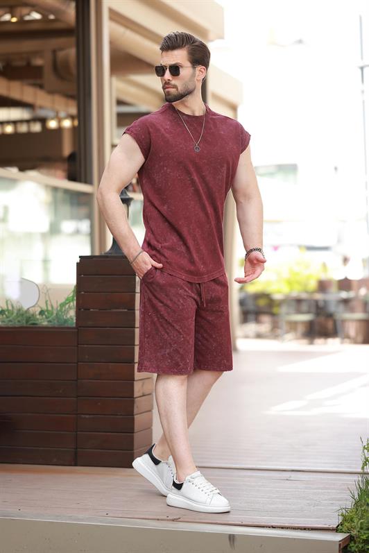 MDX Burgundy Basic Men's Distressed Detail Shorts T-shirt Set E7319 - Saint-Herblain