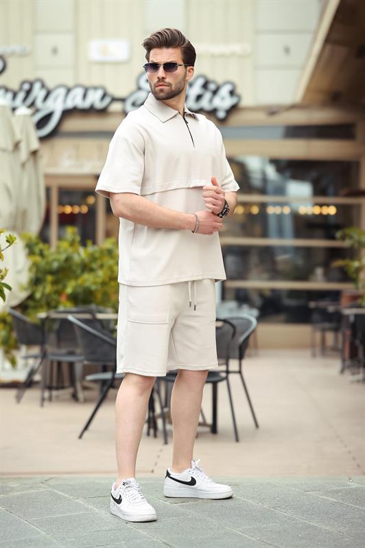 MDX Stone Color Zippered Polo Collar Men's Shorts Shirt Set E7314 - Crotone