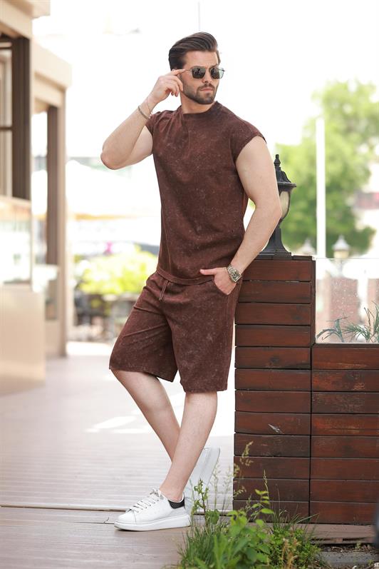 MDX Bitter Coffee Basic Men's Distressed Detail Shorts T-shirt Set E7319 - Layton