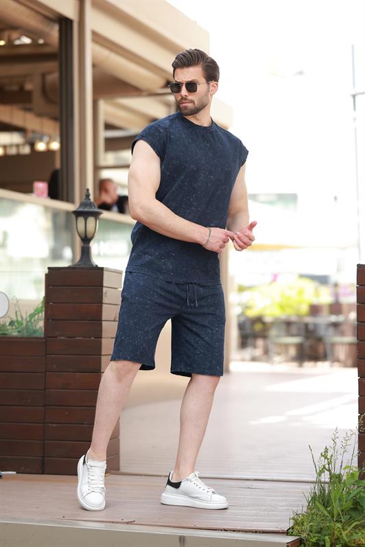 MDX Navy Basic Men's Distressed Detail Shorts T-shirt Set E7319 - Colomiers