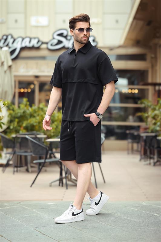 MDX Black Zippered Polo Collar Men's Shorts Shirt Set E7314 - La Rochelle