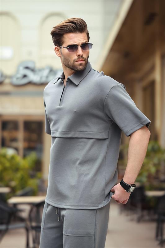 MDX Smoke Zippered Polo Neck Men's Shorts Shirt Set E7314 - Dragash