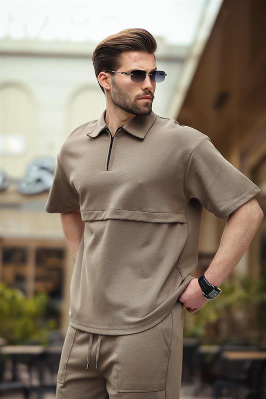 MDX Brown Zippered Polo Collar Men's Shorts Shirt Set E7314 - Marysville