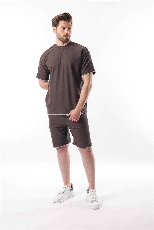 MDX Brown Embroidered Detail Men's Shorts T-shirt Set E7305 - Tepeapulco