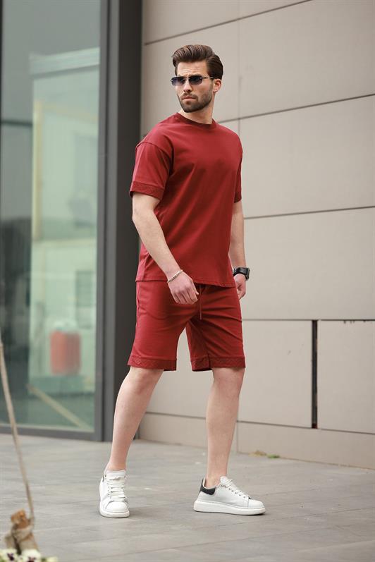 MDX Burgundy Printed 100% Cotton Men's Shorts T-shirt Set E7312 - Moerdijk