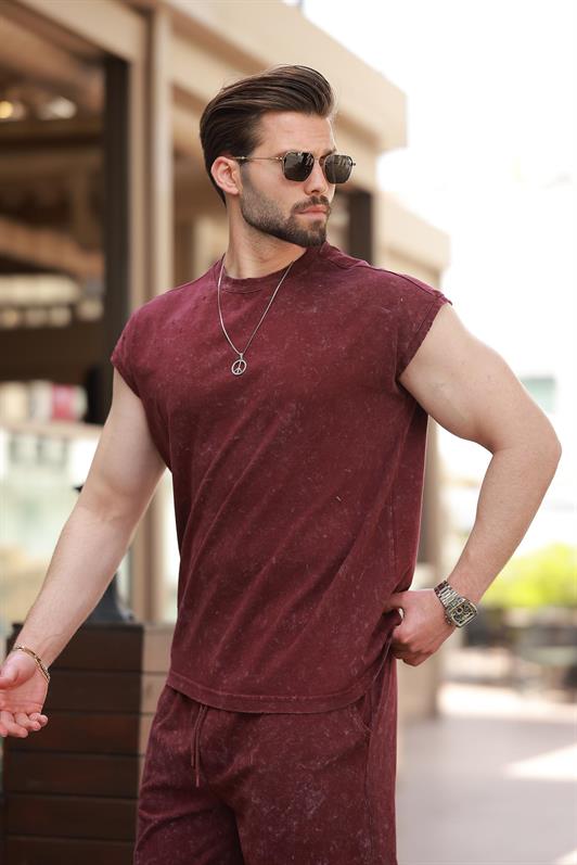 MDX Burgundy Basic Men's Distressed Detail Shorts T-shirt Set E7319 - Saint-Herblain