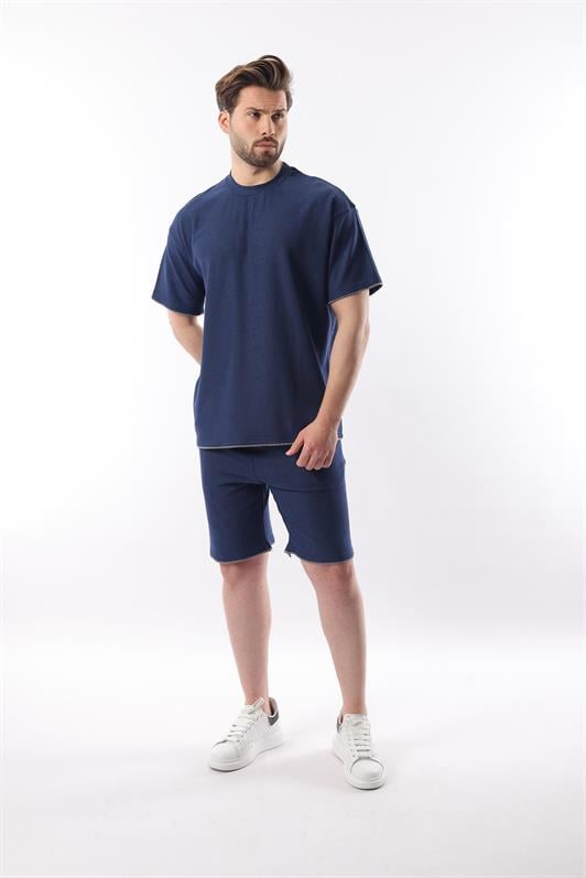 MDX Navy Blue Shorts T-shirt Set with Embroidery Detail E7305 - Singen