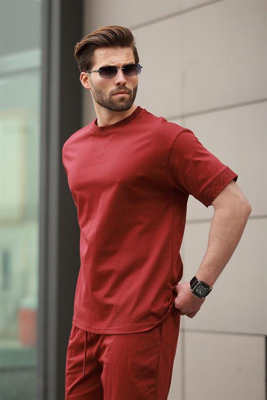 MDX Burgundy Printed 100% Cotton Men's Shorts T-shirt Set E7312 - Moerdijk