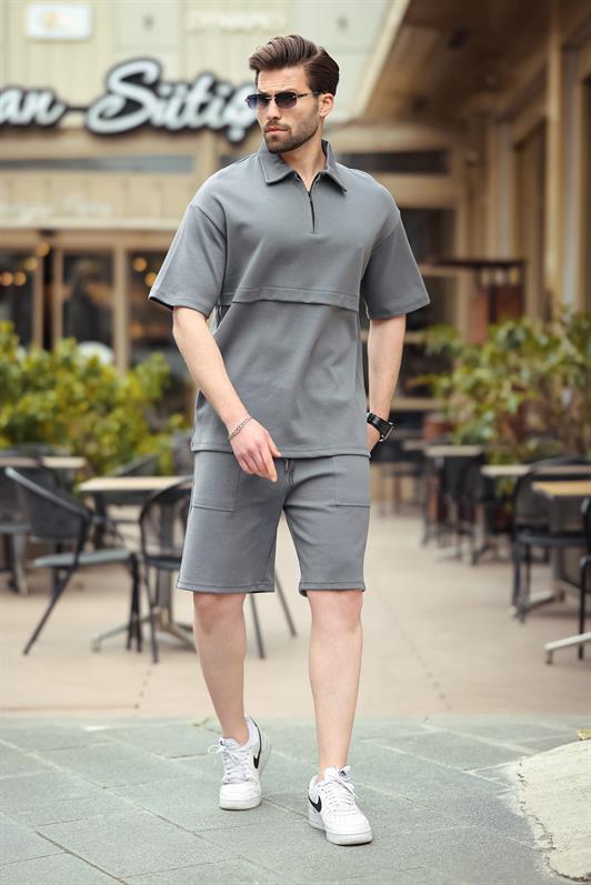 MDX Smoke Zippered Polo Neck Men's Shorts Shirt Set E7314 - Dragash