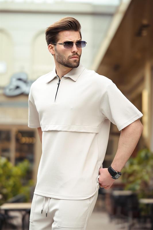 MDX Stone Color Zippered Polo Collar Men's Shorts Shirt Set E7314 - Crotone