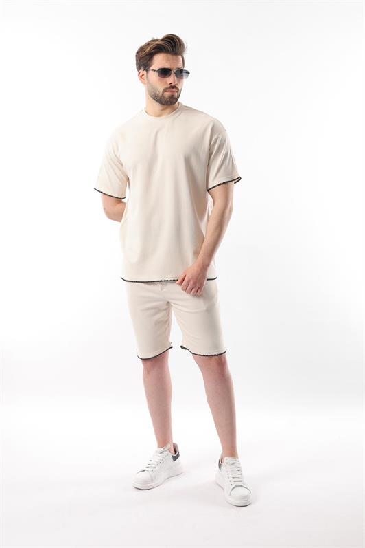 MDX Beige Embroidered Detail Men's Shorts T-shirt Set E7305 - Brest