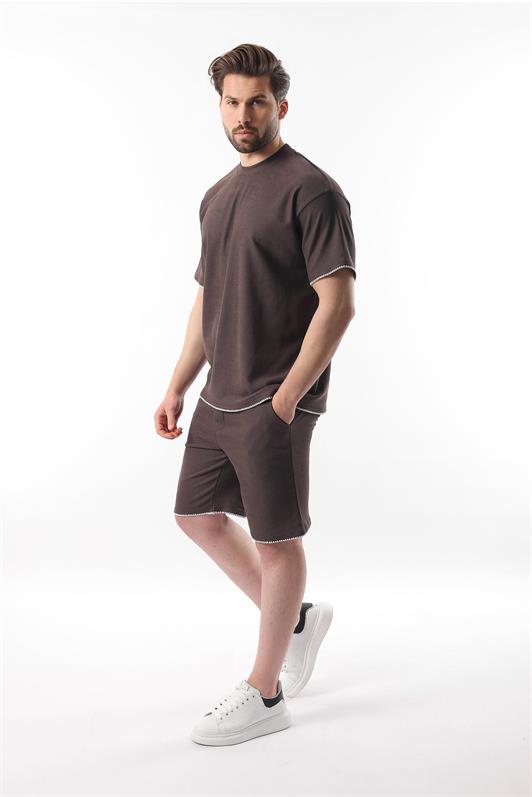 MDX Brown Embroidered Detail Men's Shorts T-shirt Set E7305 - Tepeapulco
