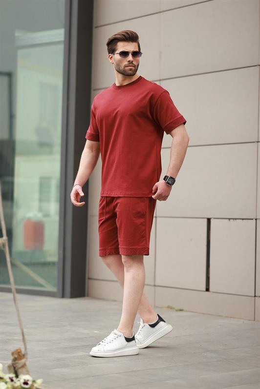 MDX Burgundy Printed 100% Cotton Men's Shorts T-shirt Set E7312 - Moerdijk