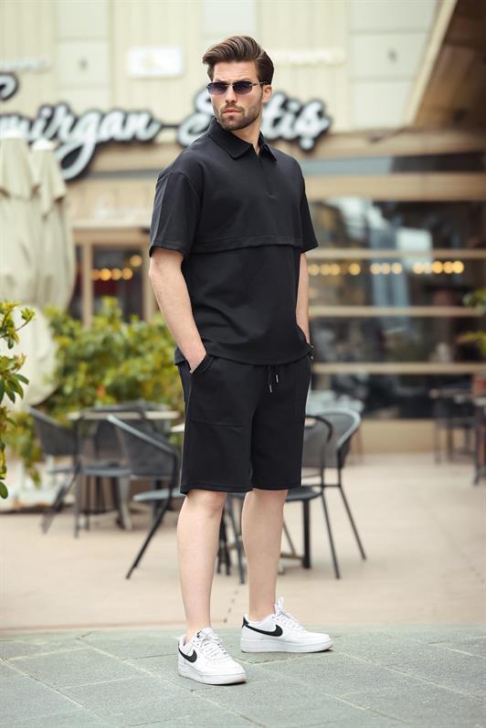 MDX Black Zippered Polo Collar Men's Shorts Shirt Set E7314 - La Rochelle