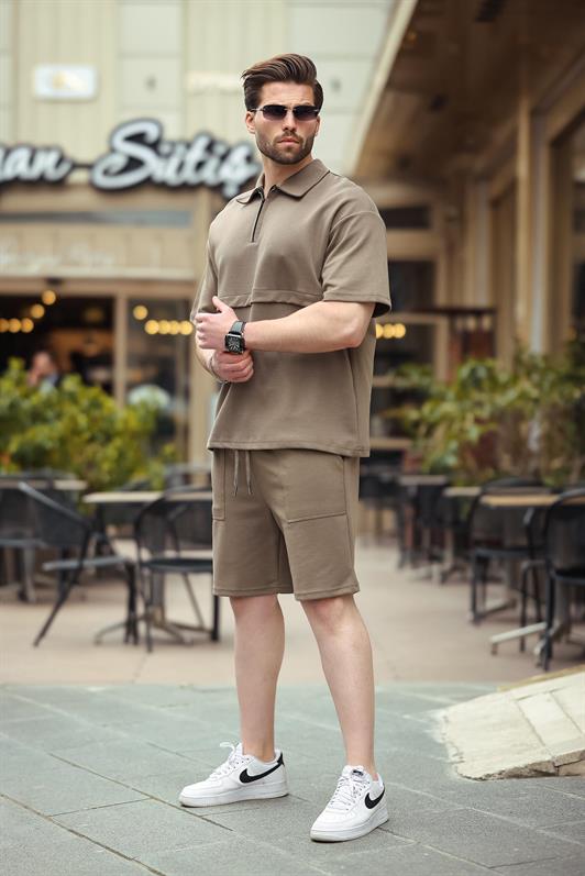 MDX Brown Zippered Polo Collar Men's Shorts Shirt Set E7314 - Marysville